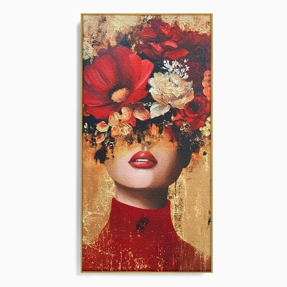 Tablou canvas cu tablou canvas cu portret de femeie si flori rosii, in rama de aluminiu auriu
